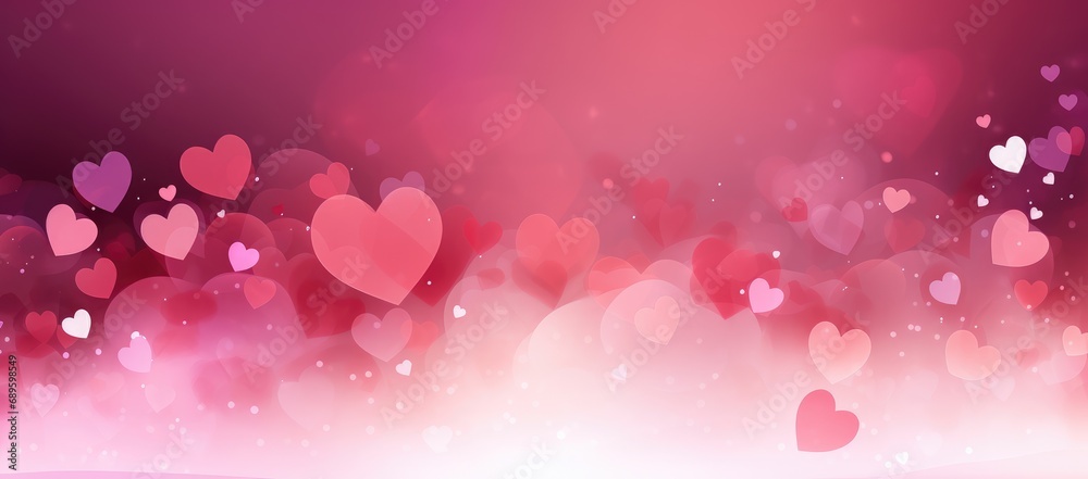 Valentine's day banner with bokeh hearts in pink shades in different sizes. Blank space, romantic background, digital illustration