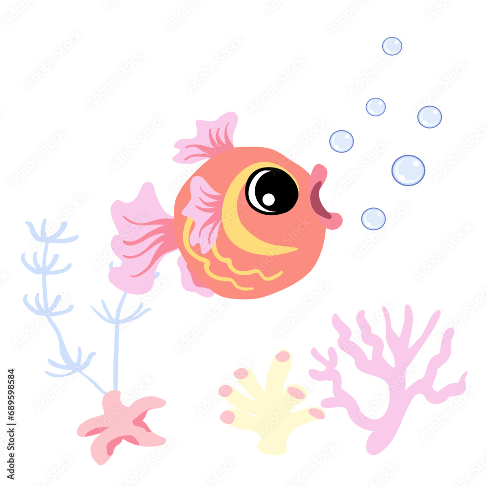 Cute Goldfish with bubbles, starfish and clam, coral underwater. Marine life character vector illustration