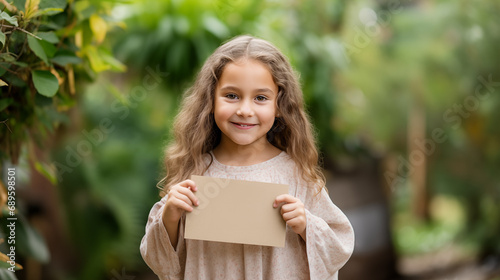 cute blond little girl holding a blank sign, in a rural outdoor environment 
