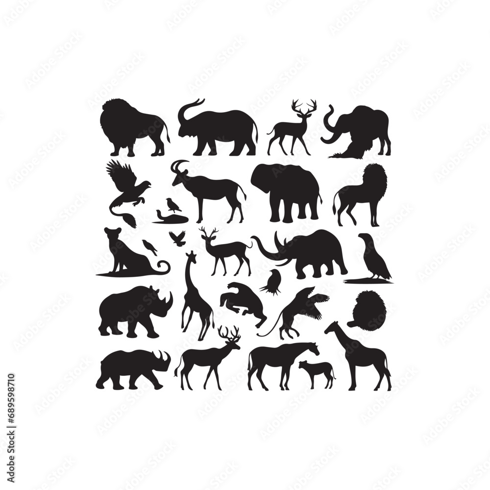 Animal Silhouette: Nocturnal Ballet of Forest Beings in Silhouetted Serenity Black Vector Animals Silhouette





