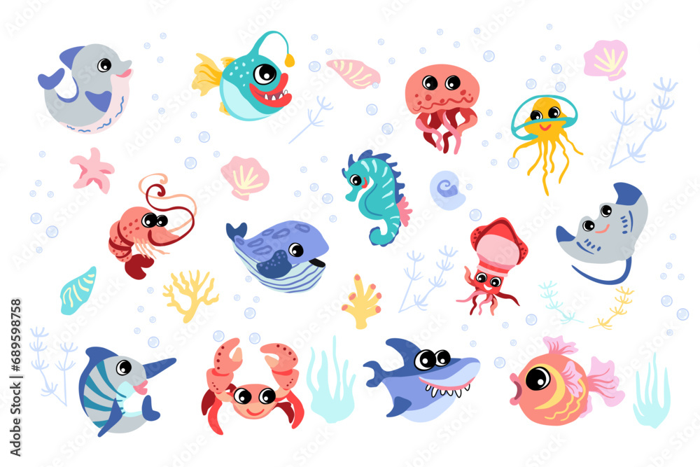 Fototapeta premium Set with hand drawn marine life elements. Vector doodle cartoon set of sea life objects for design. Colorful sea animals