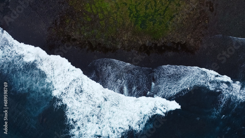 Wild beach On Aerial Drone Top View With Ocean Waves