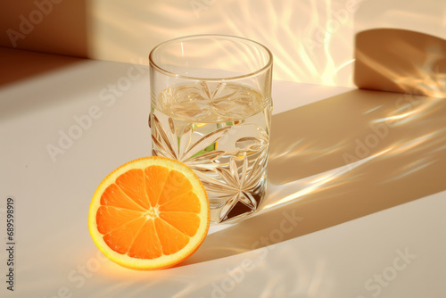 A glass with water and a sliced ​​orange next to it on a beautifully lit background with sharp sunlight from the window with glare and reflections on the wall.generative ai