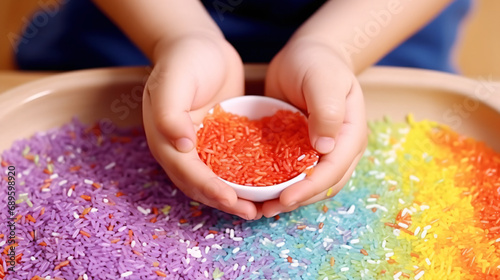 Child hands playing colored rice and make rainbow. #689598920