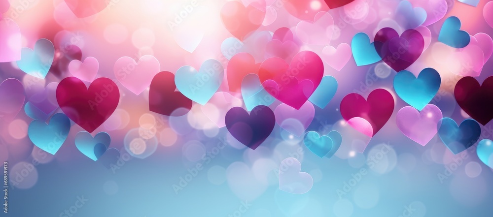 Valentine's day banner with bokeh hearts in pink shades in different sizes. Blank space, romantic background, digital illustration