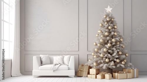 Christmas Home Interior with festive Christmas tree and gift boxes