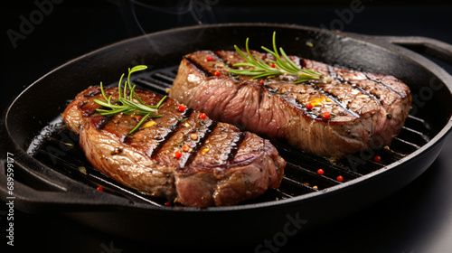 Grilled steaks in hot frying pan