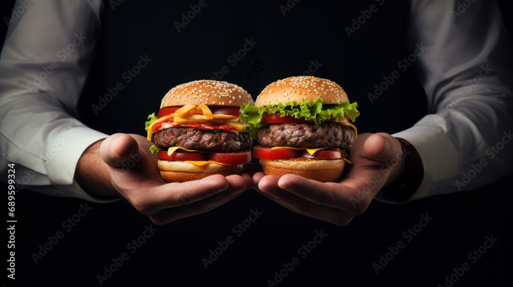man holding hamburgers, unhealthy, fast food concept man holding hamburgers, unhealthy, fast food concept