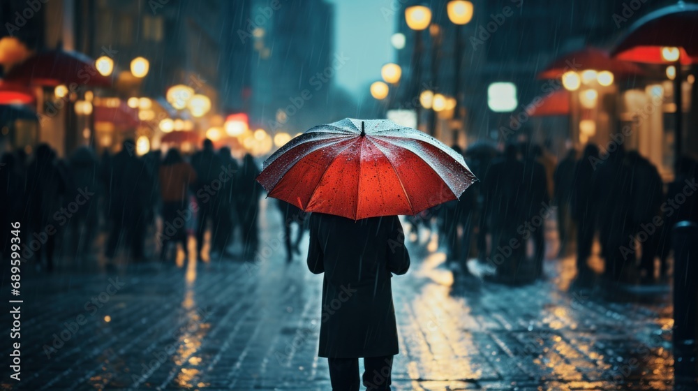 man holding an umbrella in the rain, standing with a back to camera, street shot 