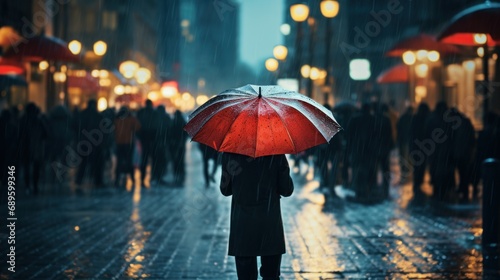 man holding an umbrella in the rain, standing with a back to camera, street shot  photo
