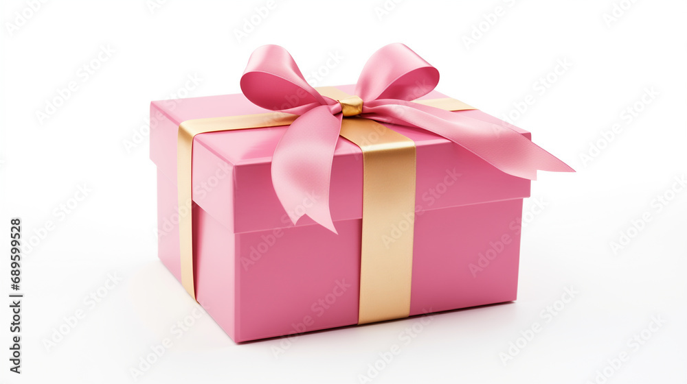 Beautiful pink gift box with a gold ribbon bow. Concept of Christmas or Valentine's day Beautiful pink gift box with a gold ribbon bow. Concept of Christmas or Valentine's day