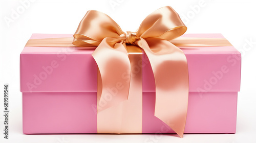 Beautiful pink gift box with a gold ribbon bow. Concept of Christmas or Valentine's day