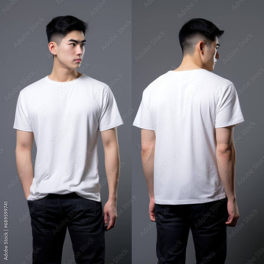muscular cute handsome asian male model wearing a regular fit white t shirt , frontal view and back view, background is white muscular cute handsome asian male model wearing a regular fit white t shirt , frontal view and back view, background is white