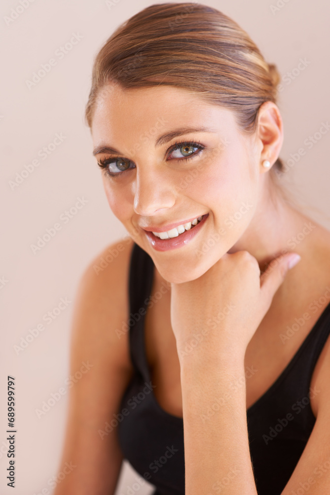 Beauty portrait, happiness and studio woman with skin wellness shine, facial cosmetics aesthetic or skincare glow. Face makeup, spa salon treatment and dermatology model smile on beige background Beauty portrait, happiness and studio woman with skin wellness shine, facial cosmetics aesthetic or skincare glow. Face makeup, spa salon treatment and dermatology model smile on beige background