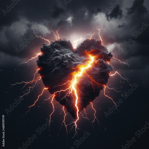 A heart-shaped formation outlined by stormy clouds and lightning, illustrating the fierce yet captivating power of love amid turbulent skies, a stunning and electrifying spectacle. photo