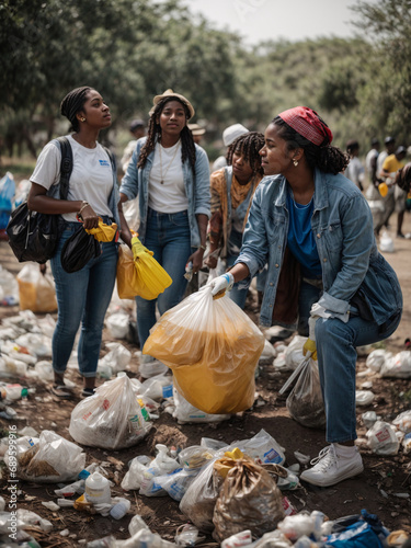 Team of african young and diversity volunteer worker group enjoy charitable social work outdoor in cleaning up garbage and waste