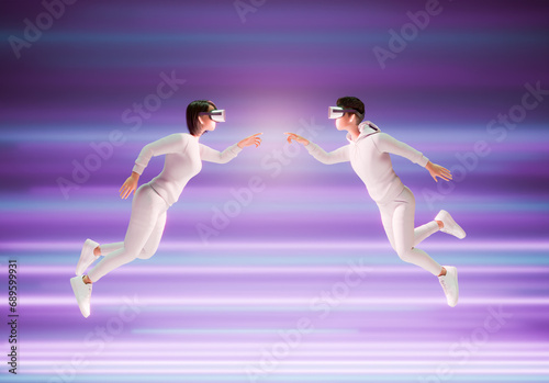 stylized male and female figures wearing VR headsets floating in the metaverse, reaching out to one another against a glowing purple background. © TheCatEmpire Studio