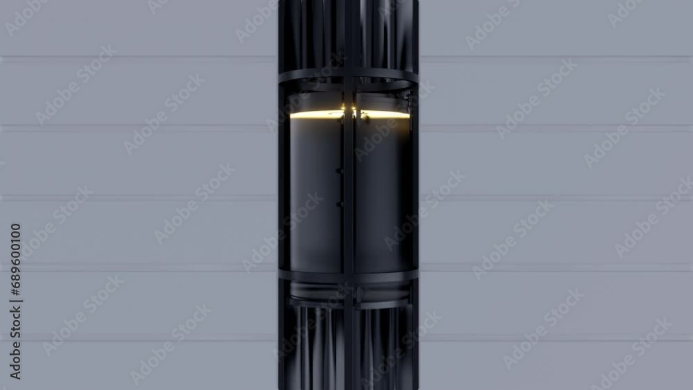 Glass capsule elevator on wall house, hotel or office center moving down. Realistic 3d animation. Glass capsule elevator on wall house, hotel or office center moving down. Realistic 3d animation.
