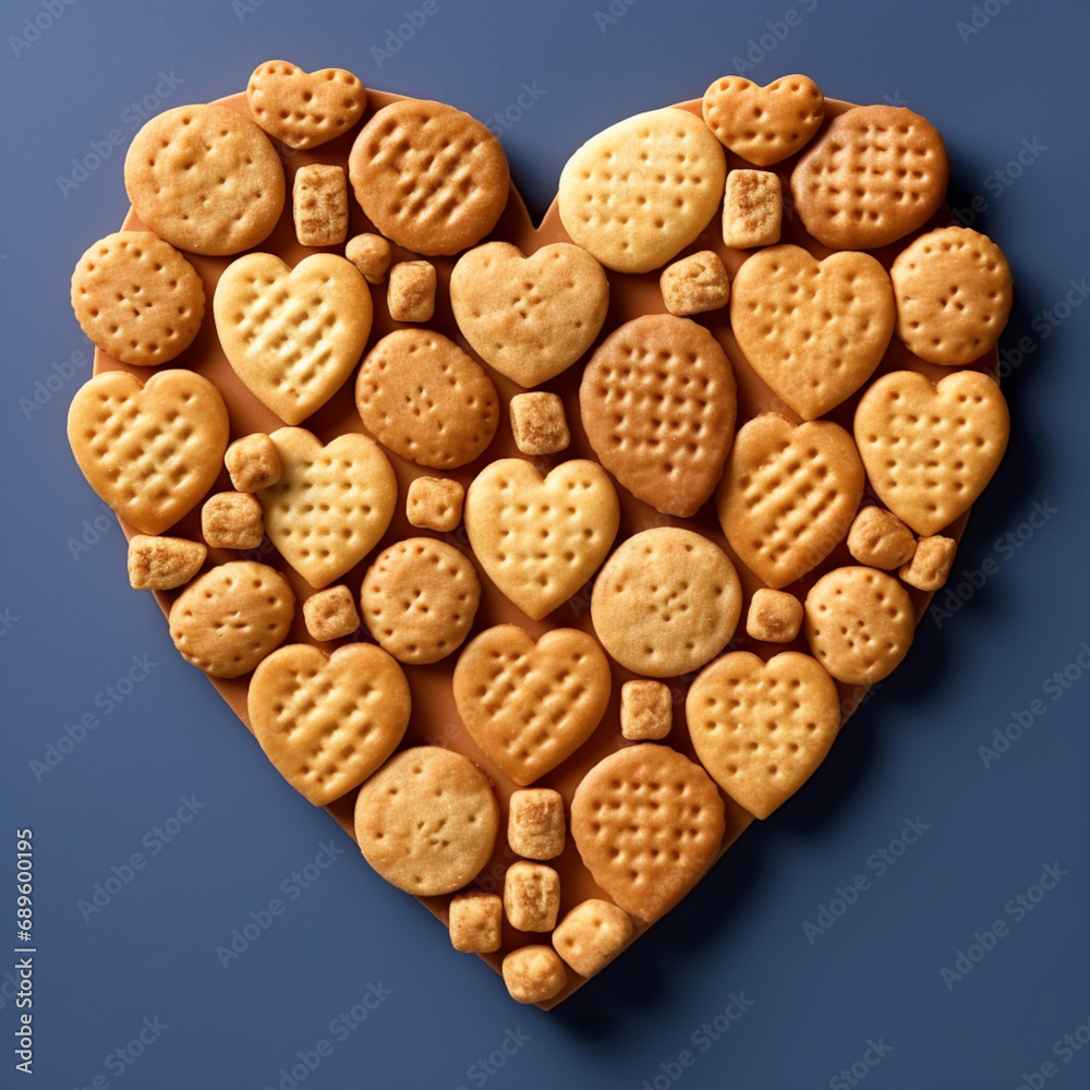 A heart-shaped assembly of biscuits, golden and inviting, embodying warmth, sweetness, and the comforting essence of love in its delightful and baked form. A heart-shaped assembly of biscuits, golden and inviting, embodying warmth, sweetness, and the comforting essence of love in its delightful and baked form.