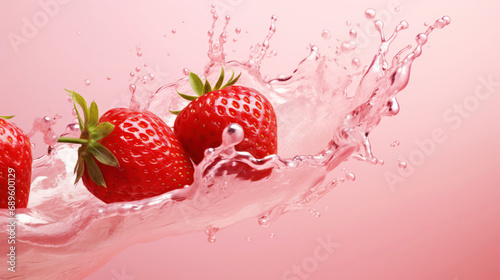 Milk splash with strawberries. Sweet dessert cream. Milkshake concept. Generative AI
