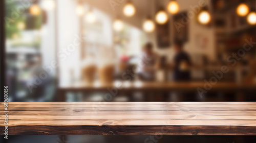 Interior Background. Blurred Coffee Shop with Empty Wooden Table