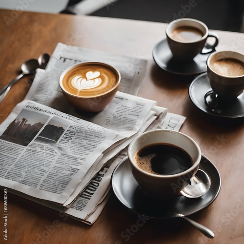 Coffee and newspaper An image featuring a cup of steaming hot coffee or espresso with a newspaper or magazine in the background, capturing the calm and relaxed morning routine