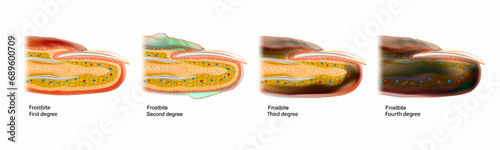 The four frostbite stages.Skin injury that occurs when exposed to extreme low temperatures, causing the freezing of the skin or other tissues.