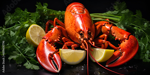 Freshly boiled lobster with vegetable on black back ground  Succulent Lobster and Veggies Delight AI Generative  photo