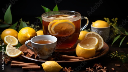 Refreshing citrus drink with lemon slice, honey and ginger.