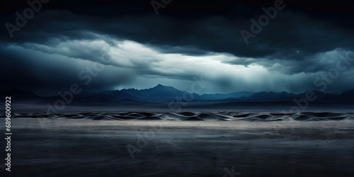 Dramatic sky over desert. Dark clouds over sand dunes. Generative AI