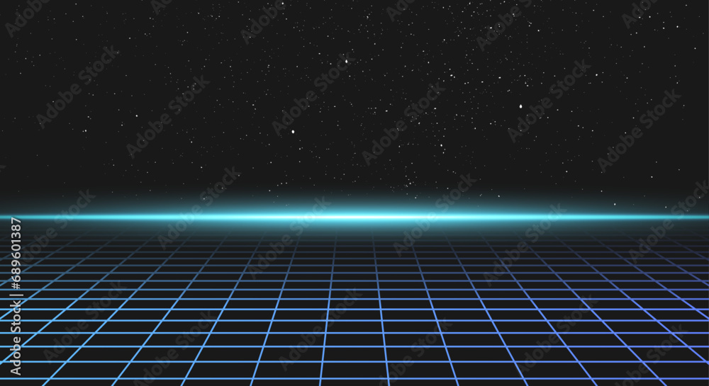 Synthwave landscape with grid, ray of light on the horizon and stars in the background. 80's galaxy skyline. Laser geometric 3D graphic. 90s outrun design. Cyberpunk vibes. Futuristic neon layout.