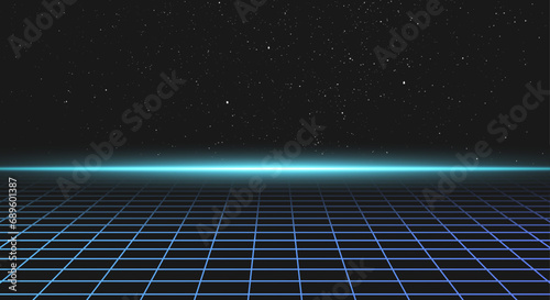 Synthwave landscape with grid, ray of light on the horizon and stars in the background. 80's galaxy skyline. Laser geometric 3D graphic. 90s outrun design. Cyberpunk vibes. Futuristic neon layout.