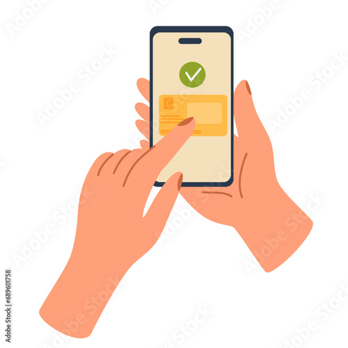 Person pays for a purchase by phone. Contactless cashless wireless payment set. Hands paying with bank debit cards, POS terminal, QR scanner, mobile phone app and smart watch. Flat vector illustration