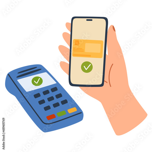 Person pays for a purchase by phone. Contactless cashless wireless payment set. Hands paying with bank debit cards, POS terminal, QR scanner, mobile phone app and smart watch. Flat vector illustration