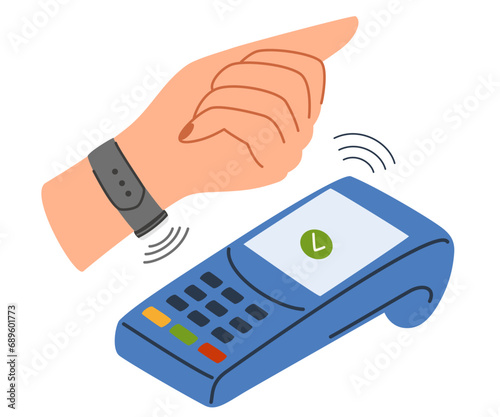 Paying in contactless and wireless way, isolated terminal with hand wearing smartwatch with nfc. Transaction and banking system, shop seller and customer. Vector in flat style illustration