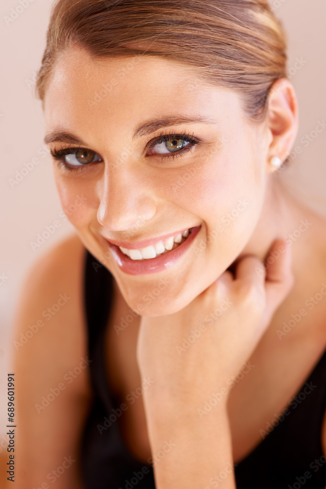 Beauty portrait, happy and studio woman with self care wellness, facial cosmetics aesthetic or skincare routine. Face makeup, spa salon headshot or cosmetology model glow isolated on beige background Beauty portrait, happy and studio woman with self care wellness, facial cosmetics aesthetic or skincare routine. Face makeup, spa salon headshot or cosmetology model glow isolated on beige background