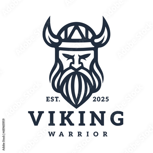 Nordic viking logo. Norse warrior icon. Horned barbarian helmet symbol. Norseman Odin emblem. Vector illustration.