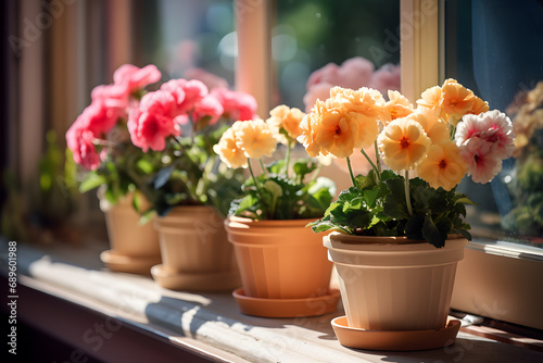 Сute flowers in pots stand on the windowsill, bright sunny day, closeup view #689601988