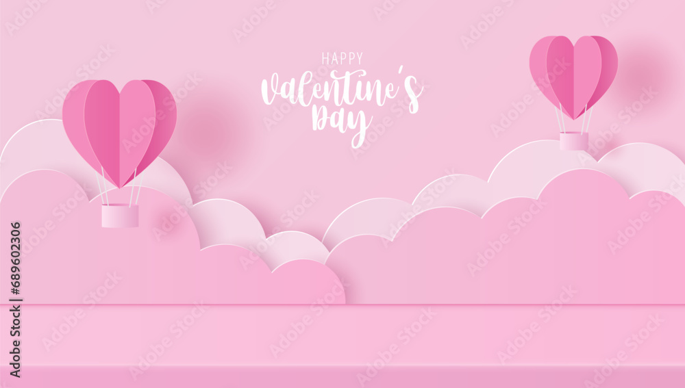 Paper cut of Valentine's Day banner studio table room product display with heart hot air balloons and clouds for products display presentation.