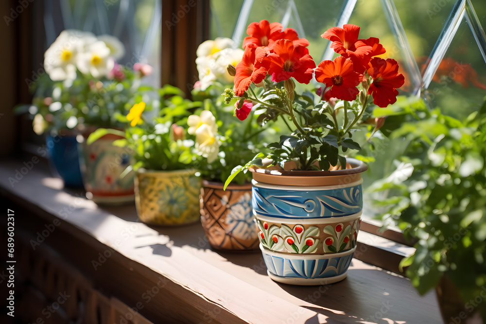 Сute flowers in pots stand on the windowsill, bright sunny day, closeup view