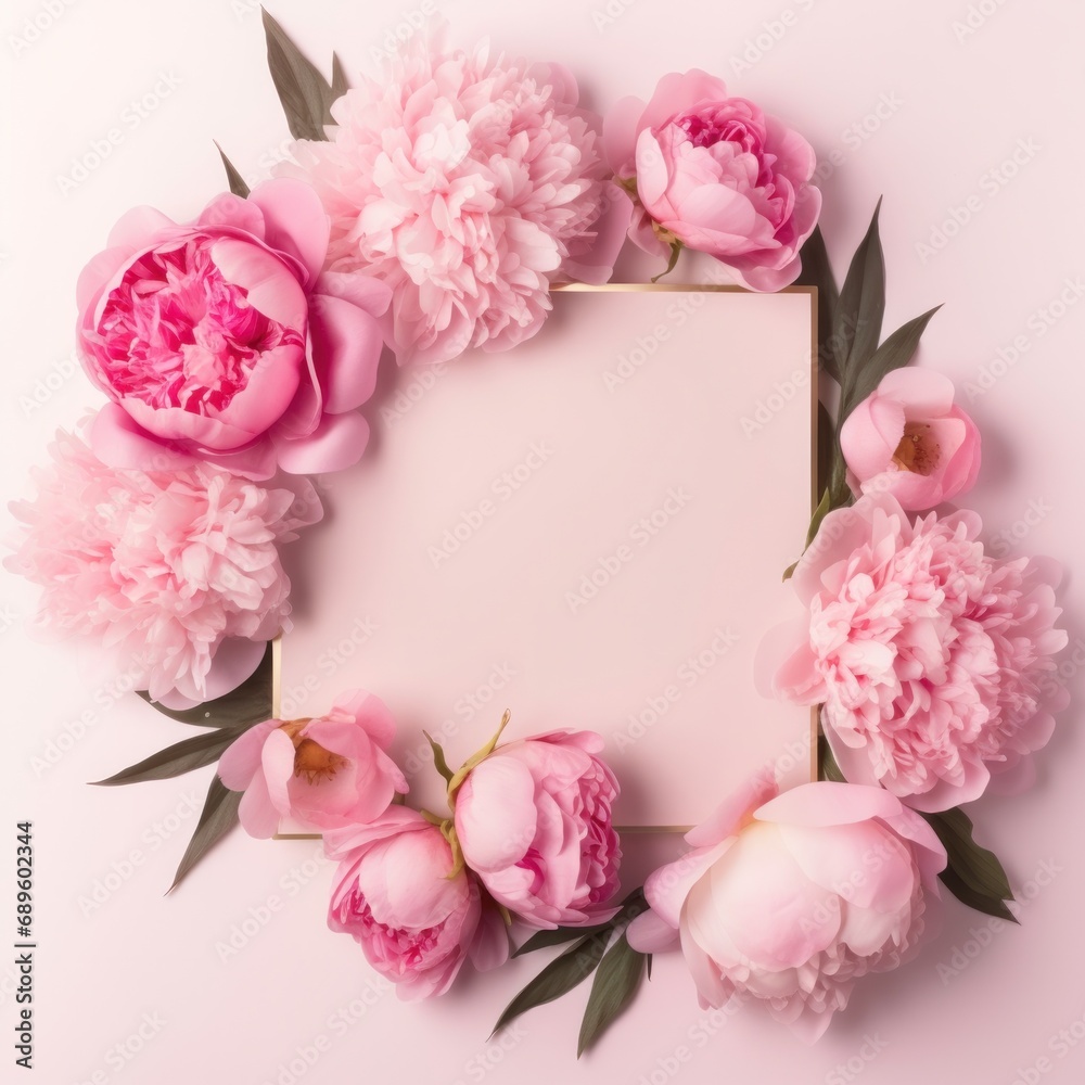 Creative top view of pink peonies forming an abstract frame around a clean space, ideal for invitations