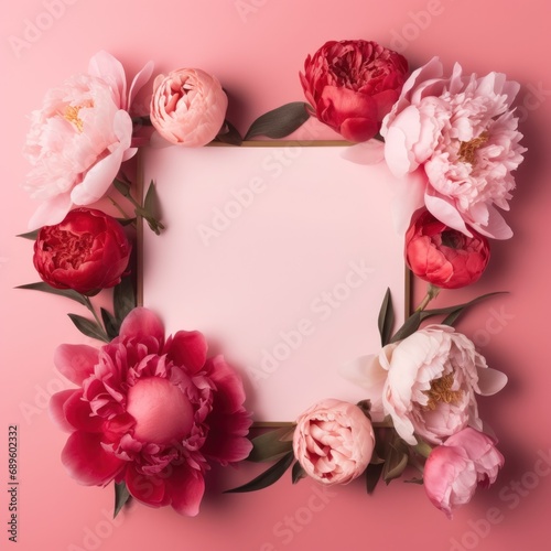 Beautiful peonies arranged in a square frame on a pink background for festive occasions