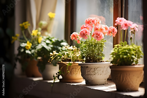 Сute flowers in pots stand on the windowsill, bright sunny day, closeup view © Andrii Fanta