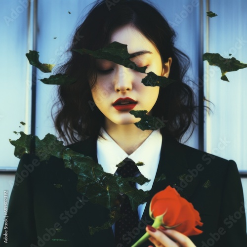 A woman's face is partially concealed by leaves, with a rose held near her lips photo