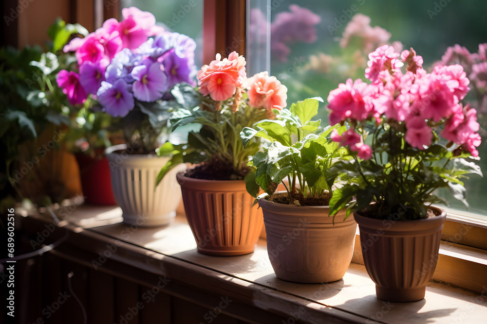 Сute flowers in pots stand on the windowsill, bright sunny day, closeup view