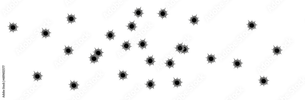 Realistic bullet holes from a firearm in a metal plate are isolated on transparent background. Torn hole in the metal plate from bullets. Vector illustration - obrazy, fototapety, plakaty 