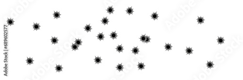 Realistic bullet holes from a firearm in a metal plate are isolated on transparent background. Torn hole in the metal plate from bullets. Vector illustration photo