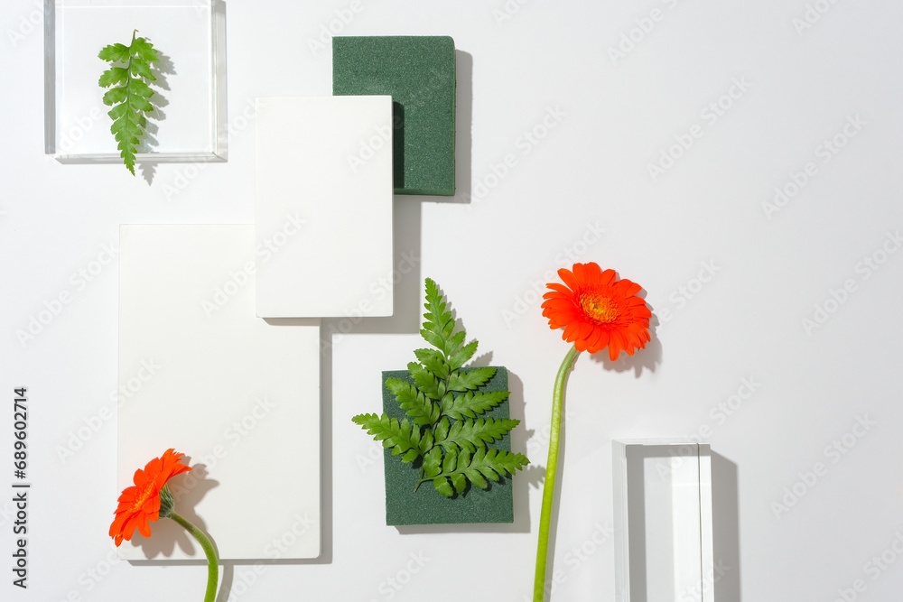 Fototapeta premium Top view of 3D podium display, white background with gerbera flowers and fern leaves. Minimal pedestal for beauty, cosmetic product. Space for copy.