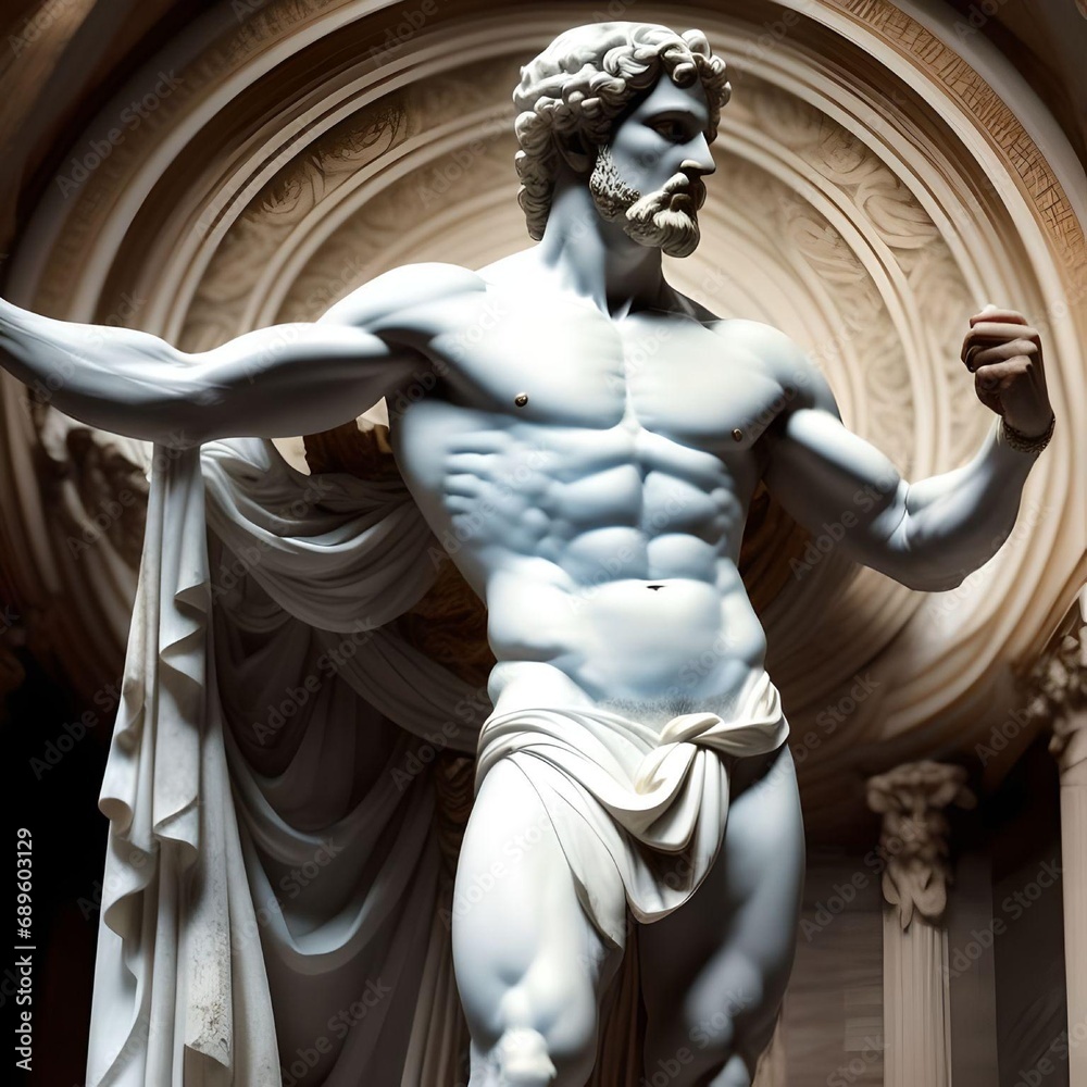 Obraz premium Sexy Muscular Guy Flexing with Robe Marble Sculpture Illustration