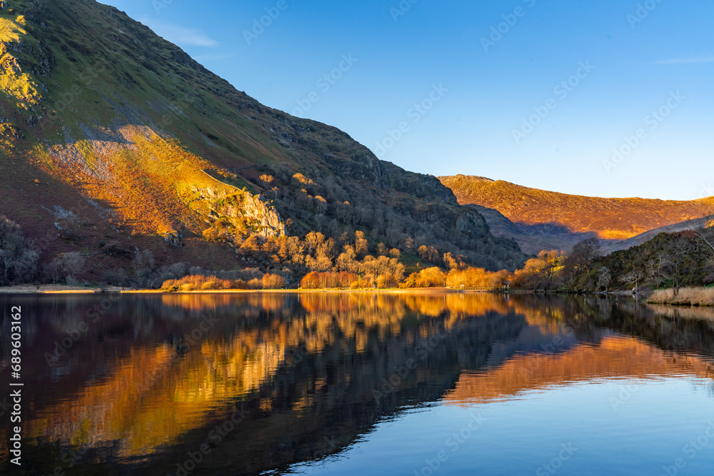 Reflection views around Snowdonia lakes in winter